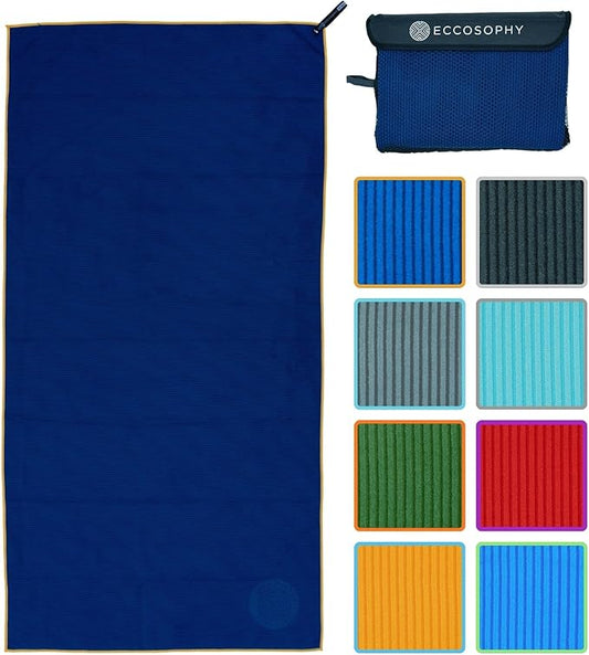 ECCOSOPHY Microfiber Beach Towel – Quick Dry Gym Towel, Highly Absorbent with Ribbed Texture, Lightweight – Ideal for Travel, Pool, Yoga, Fitness & Outdoor Adventures – 71x35 Navy