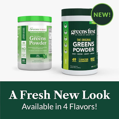 Greens First Original Greens Powder - 49 Superfoods - Organic Fruits & Veggies - Prebiotics, Probiotics & Digestive Enzymes - Antioxidant Smoothie - Dairy Free, Vegan & Non-GMO (Mint, 60 Servings)