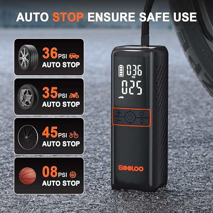 GOOLOO GT160 Tire Inflator Portable Air Compressor, 160PSI Portable Air Pump for Car Tires, 7500mAh Cordless Air Pump with Digital Pressure Suitable for Cars, Bikes, Balls, Motorcycles