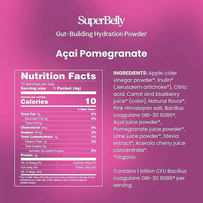 Blume SuperBelly Gut Health and On-The-Go Hydration Packets, Sugar-Free, with Prebiotics, Probiotics, Apple Cider Vinegar, Vitamin C, and Electrolytes, Açai Pomegranate, 15 Sticks