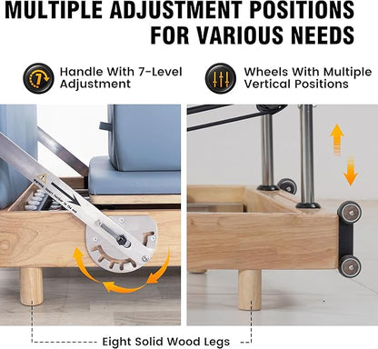 Foldable Wooden Pilates Reformer Machine with Ultra-Fiber Leather Seat, Oak Frame, Adjustable Resistance, Full-Size for Heights 4’ to 5’9”, Home and Studio Use, 480lbs Capacity