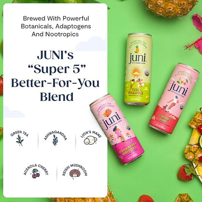 Juni Sparkling Adaptogen Drink with Ashwagandha, Lion’s Mane & Reishi Mushrooms | Green Tea for Focus, Zero Sugar, 5 Calories | Decaffeinated, Non Alcoholic Drinks - Yuzu Pineapple 12 pack