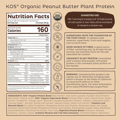 KOS Organic Plant Based Protein Powder, Chocolate Peanut Butter - Delicious Vegan Protein Powder Meal Replacement - Keto Friendly, Gluten Free, Dairy Free & Soy Free - 2.4 lbs, 28 Servings