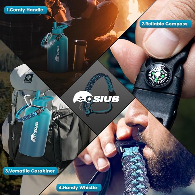 Insulated Water Bottle 128 oz, Triple Wall Vacuum Stainless Steel(Cold for 48 Hrs),Leak Proof & BPA-Free,One Gallon Water Bottle with Reflective Paracord & Flip Straw for Sports & Travel, CyanBlue