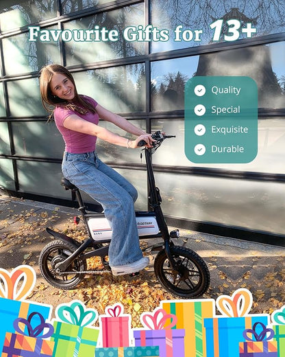 Gotrax Nano 14" Electric Bike, Max Range 25Miles(Pedal-Assist)&Max Speed 15.5Mph, 350W Folding E-Bike with Removable Battery, Adjustable Seat & Dual Mudguards, Commuter Electric Bicycle for Ages 13+