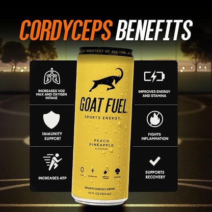 G.O.A.T. Fuel Energy Drink, Co-Founded by Jerry Rice, Natural Caffeine, Electrolytes, BCAAs, Cordyceps Mushrooms & Antioxidants, Light Carbonation Pre Workout, 12 Pack, 12 FL Oz, Peach Pineapple