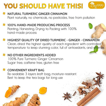 120 Bags Premium Turmeric Ginger Cinnamon Tea, Improve Digestion, Support Brain, Weight, Skin and Sleep, Eco-Conscious Tea Bags and Premium Natural Ingredients. Turmeric Ginger Herbal Tea. No Sugar, No Caffeine, No Gluten, Vegan.