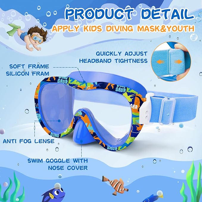 Kids Swim Goggles with Nose Cover, 180° Panoramic Snorkel Mask with Anti-Fog & Anti-Leak Design, Comfort Fabric Strap UV Protection Lens for Boys Girls Ages 3-15
