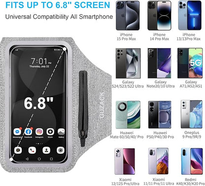 GUZACK Running Armband Case for iPhone 16/15/14/13/12/11 Pro Max, Galaxy S25/S24/S23/S22, Universal Cell Phone Arm Holder with Key Pocket & Card Slot, Gray