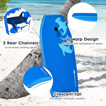 KOTEK 33/37/41 Inch Body Board with Wrist Leash, EPS Core, Dual Channel, HDPE Slick Bottom, Bodyboard for All Skill Levels & Wave Conditions