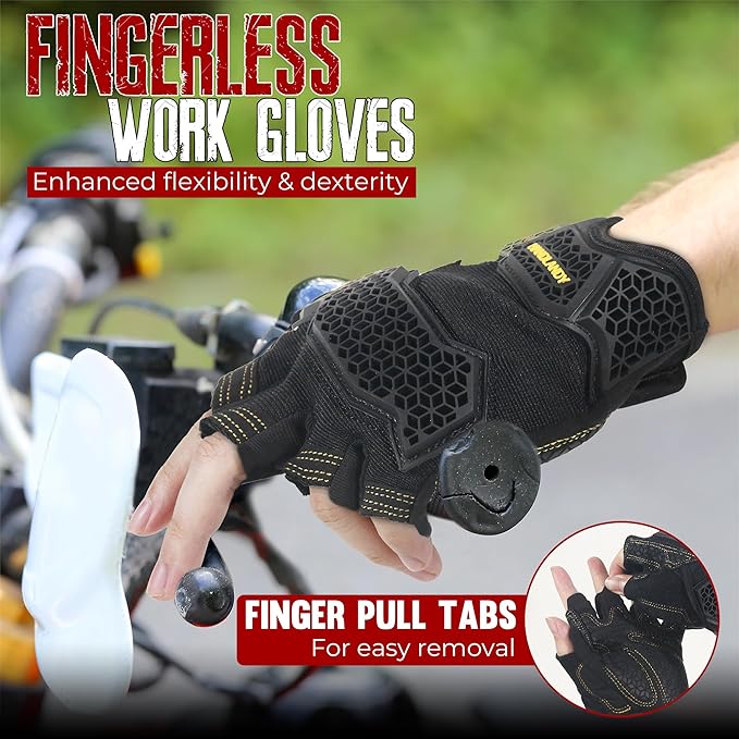 HANDLANDY Fingerless Work Gloves for Men, Padded Impact Tactical Mechanics Gloves, Grip Utility Trucker Driver Gloves (Black- impact, Medium (Pack of 1))