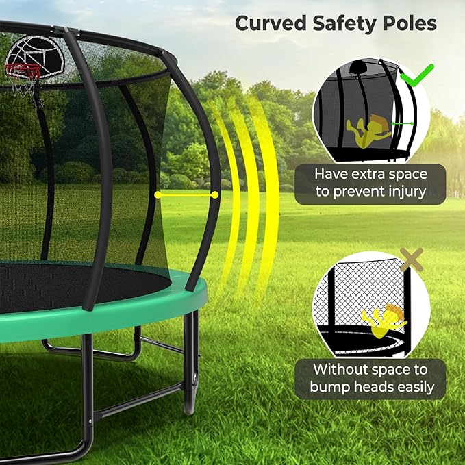 10 12 14 15 16FT Outdoor Trampolines for Kids and Adults, Pumpkin Trampoline with Curved Poles, Recreational Trampoline with Basketball Hoop and Safety Enclosure Net for Kids and Adults