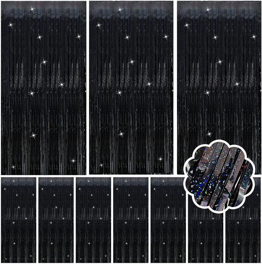 10 Pack Black Streamers Backdrop Tinsel Foil Fringe Curtains Party Decorations Birthday Wednesday Graduation Wizard Party Decorations for Men
