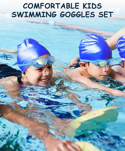 Kids Swim Goggles, Swimming Goggles for Kids Toddlers 3-14 with Swim Cap, Nose Clip, Nose Bridge, Ear Plugs