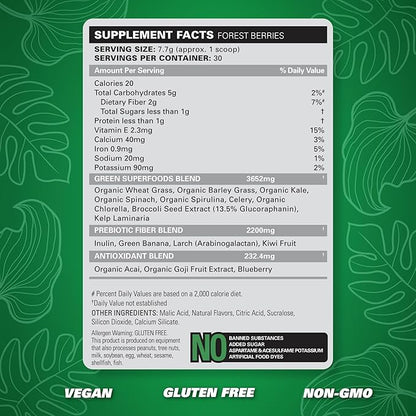 EHP Labs OxyGreens Super Greens Powder – Daily Greens & Superfood Supplement with Spirulina, Chlorella, Prebiotics, Digestive Enzymes, Antioxidants – 30 Servings (Forest Berries)