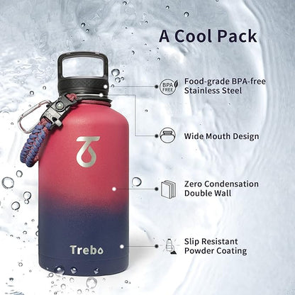 Trebo Insulated Water Bottle 64 oz, Half Gallon Metal Vacuum Water Jug with Paracord Handle and 3 Lids, Leakproof BPA-Free Flask for Gym Sports Hiking Travel, Keep Cold 48 Hours, Ruby Red