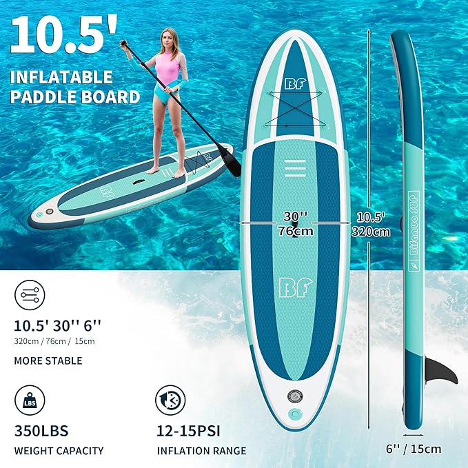 Inflatable Stand Up Paddle Board with SUP Accessories & Backpack. Paddle Boards for Adults. Non-Slip Deck, Wide Stance, Bottom Fin, Double Action Pump.
