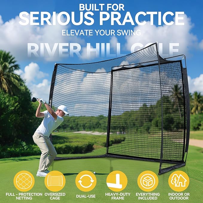 Golf Cage with Impact Screen, 10x8 Ft Golf Hitting Net w/Sound-Dampening Cloth, Practice Mat, Golf Simulator Enclosure, Indoor & Outdoor Driving Chipping Equipment for Home, Backyard & Garage