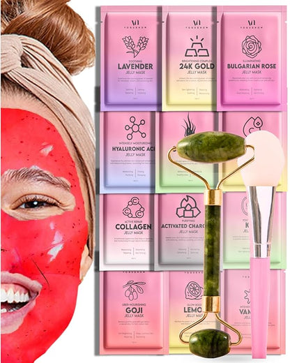 Jelly Mask for Facials - 12 Flavors Hydrating & Brightening Jelly Face Masks | Free Jade Roller & Spatula | Bulgarian Rose, Lavender, Hyaluronic Acid, 24K Gold face mask skin care |Vajacial Jelly Mask