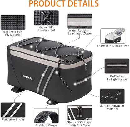 JXFUKAL Rear Bike Rack Bag with Rain Cover, 7L/9L/10L/12L Waterproof Bicycle Ebike Saddle Bag Cycling Pannier Trunk Carrier with Reflector & Adjustable Cord for Commuter Travel Outdoor