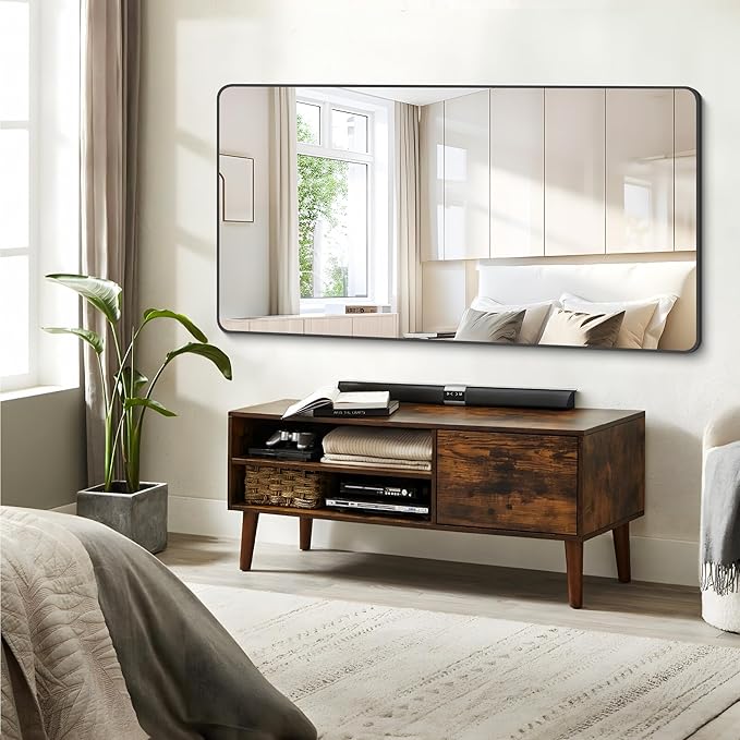 FORBATH Bathroom Mirror 30" X 60"，Large Rectangular Wall Mirror, Black Metal Framed Rounded Corner Wall Mounted Mirror for Bathroom Bedroom Entryway Decor(Horizontal/Vertical)