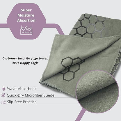Clever Yoga Non-Slip Hot Yoga Towel – Non-Slip Grip for Hot Yoga, Sweat Absorbent, Honeycomb Silicone Grip, Stays Flat – Ideal for Pilates, Travel, Washable & Lightweight - Olive