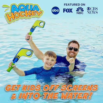 Fun Mini Hockey Sticks Game - Play at the Pool & Beach or in Home - For Kids & Adults All Ages - Use The Floating Soft Paddles to Shoot the Water Skipping Balls - Comes With 2 Sticks & 2 Balls
