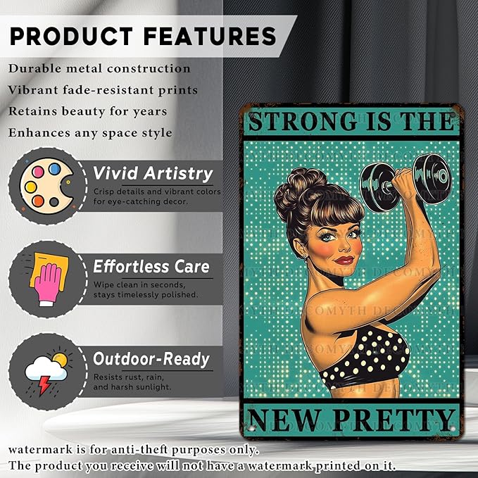 Gym Room Sign Weightlifting Metal Poster Strong Is The New Pretty Motivational Sign for Gym Workout for Home Fitness 12 * 8inch