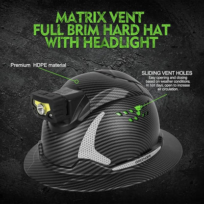 GREEN DEVIL Matrix Full Brim Hard Hat with Headlight Vented Construction Safety Helmet OSHA Approved Cascos De Construccion Work Hardhat for Men&Women