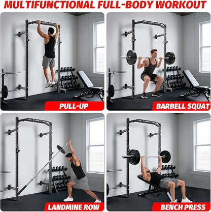 1600LB Wall Mounted Power Rack, Commercial Squat Rack for Home Gym with Multi-Grip Pull Up Bar, j-Cups & Landmine Attachment for Home and Garage Gym