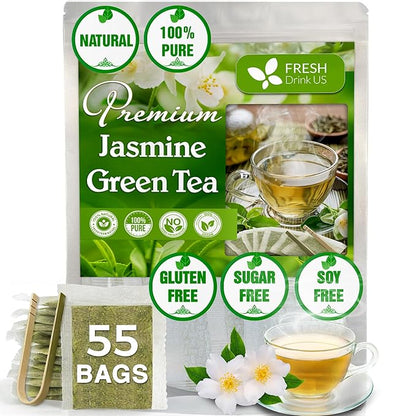 FreshDrinkUS, Premium 55 Jasmine Green Tea Bags, 100% Natural & Pure from Jasmine Green Tea. Jasmine Green Herbal Tea. Made with Natural Material Tea Bags. No Sugar, No Gluten, Vegan.