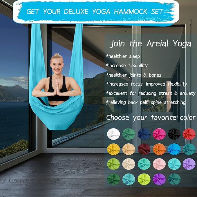 5.5 Yards Aerial Silks Yoga Swing Set - Aerial Yoga Hammock Kit Anti-Gravity Flying for Fitness, Low/Non Stretch Nylon Tricot Fabric Hardware Included for Dance