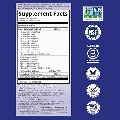 Garden of Life Probiotics for Men, Dr Formulated 50 Billion CFU 15 Probiotics for Digestive Health + Organic Prebiotic Fiber, Colon & Immune Support, Daily Gas Relief, Shelf Stable, 30 Capsules