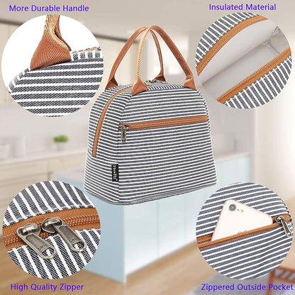 FlowFly Insulated Lunch Cooler Bag - Tote Bag Organizer for Women/Men, White&Black Stripe
