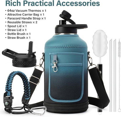Insulated Water Bottle | Thickened Stainless Steel Vacuum Metal | Portable Sports Half Gallon Large Water Jug for Gym and Hiking with Straw, Carrier Bag, Handle Strap | BPA-Free 64 oz