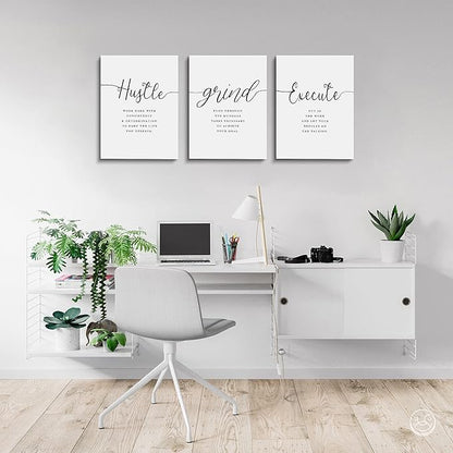 Framed Canvas Wall Art Grind Hustle Quote Poster, Office Wall Art, Positive Motivational Set of 3 Prints, Hustle prints Execute, Inspirational Wall Decor Art (H-3pcs,12x16inchx3pcs)