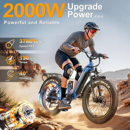 FREESKY Electric Bike for Adults,105mile Long Range Ebike, 2000W Motor 37MPH Fast Step-Thru E Bike 25Ah Samsung Cells Battery Full Suspension Electric Dirt Bicycle 26'' Fat Tire for Commuter Mountains