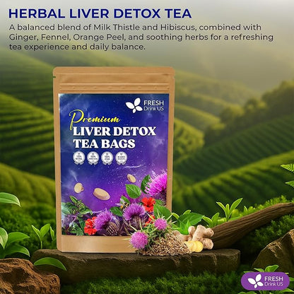 FreshDrinkUS, Premium Liver Herbal Detox Tea – Strong Blend Of Milk Thistle, Hibiscus, Peppermint & Ginger | Fennel, Lemongrass & Orange Peel with Stevia | Vibrant Caffeine-Free Botanical Blend