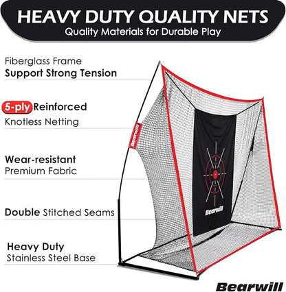 Golf Net, 10x7ft Heavy Duty Golf Practice Nets with Mat, Target Cloth, 8 Tees, 6 Balls, Carry Bag for Backyard Driving Chipping Indoor Outdoor Training