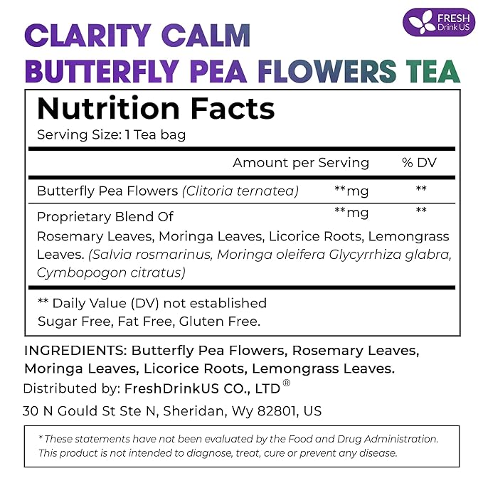 FreshDrinkUS, Clarity Calm Butterfly Pea Flower Tea – 60 Tea Bags Herbal Blend of Butterfly Pea Flower, Rosemary, Moringa, Lemongrass & Licorice Root – Caffeine-Free. Sugar-Free. Gluten-Free. Vegan