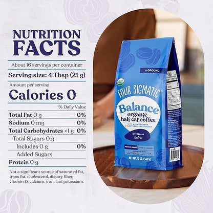 Four Sigmatic Organic Balance Adaptogen Ground Coffee | Medium Roast USDA Organic Coffee with Ashwagandha, Chaga Mushroom, Eleuthero and Tulsi for Focus and Energy Boosting | 12oz Bag