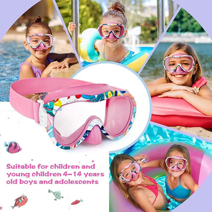 Kids Swim Goggles with Nose Cover, 180° Panoramic Snorkel Mask with Anti-Fog & Anti-Leak Design, Comfort Fabric Strap UV Protection Lens for Boys Girls Ages 3-15