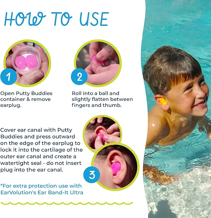 Earvolution Floating Putty Buddies Ear Plugs for Swimming - Invented by an Ear Physician - Moldable, Premium, Silicone - Floats on Water - Waterproof - Made in The USA - 3 Pack - Hot Pink