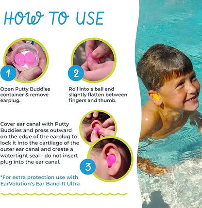 Earvolution Floating Putty Buddies Ear Plugs for Swimming - Invented by an Ear Physician - Moldable, Premium, Silicone - Floats on Water - Waterproof - Made in The USA - 3 Pack - Hot Pink