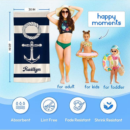JML Personalized Beach Towel with Name, Custom Anchor Beach Towel, Customized Microfiber Pool Towel, Quick Dry & Absorbent Swim Towel for Adult,Mother's Day, Birthday, Summer Holiday,Vacation