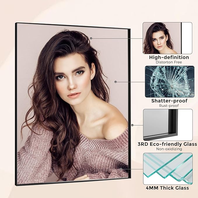 30x36 Inch Black Bathroom Mirror for Wall, Aluminum Frame Rectangle Rectangular Vanity Mirror, Modern Large for Bedroom, Living Room, Horizontal or Vertical