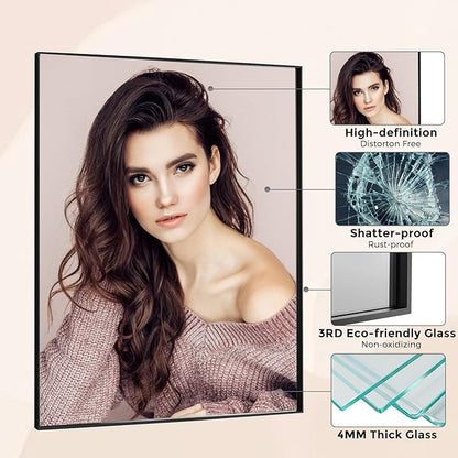 24x32 Inch Black Bathroom Mirror for Wall, Aluminum Frame Rectangle Rectangular Vanity Mirror, Modern Large for Bedroom, Living Room, Horizontal or Vertical