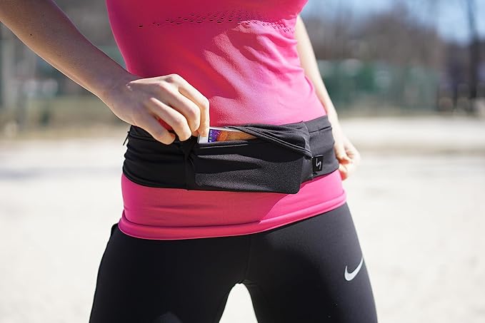 3 Pocket Adjustable Running Belt Waist Pack, Fanny Pack For Working Out With Sweat Resistant Backing, Holds All iPhone Models (Black/Black, X-Small)