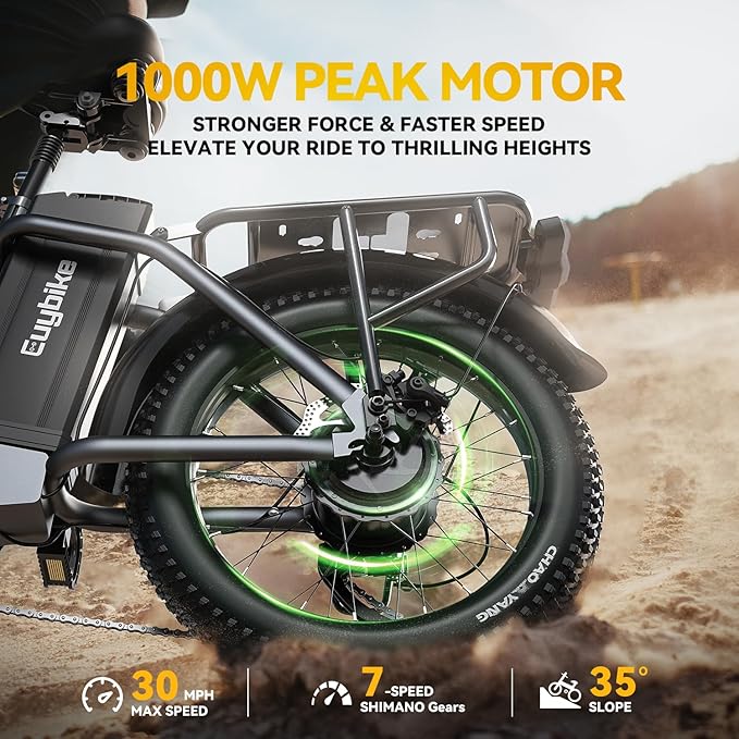 1000W Folding Electric Bike, 48V 20AH Large Removable Battery E Bike,30+MPH, 80 Miles Max Range, 20" Fat TireElectric Bike for Adults, Adult Electric Bicycles for CommuteBeach Snow