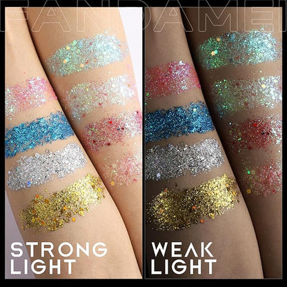 FANDAMEI Face Glitter, Body Glitter for Women, 2PCS 8 Colors Glitter Gel for Face, Hair Glitter for Kids, Fairy Rave Mermaid Makeup